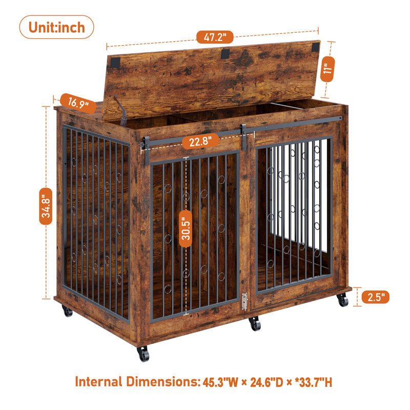 Farmhouse Dog Cage Crate Furniture with Sliding Barn Door,  Farmhouse Wooden Dog Kennel End Table with Flip-top Plate Dog House with Detachable Divider for Small/Medium/Large Dog Gray